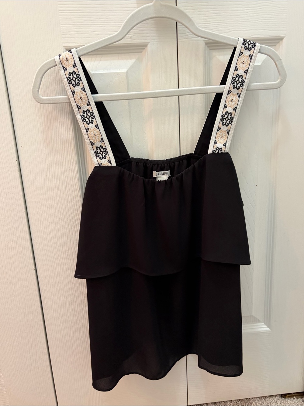 J. Crew Black Ruffle Camisole with Embroidered White Straps